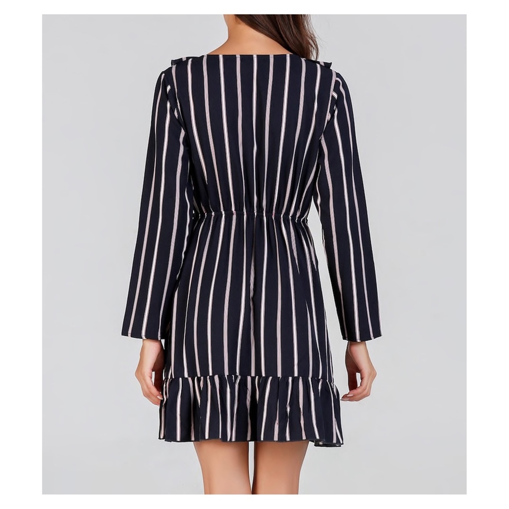 Blue Striped Fit and Flare Ruffle Wrap Dress - Picture 2 of 6
